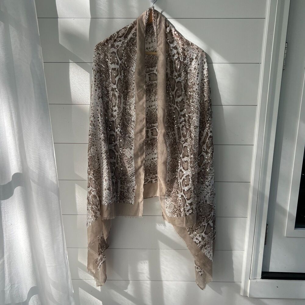 Scarf Taupe Beige Snakeskin Silver Specked Rectangle Head Neck 35"x70"